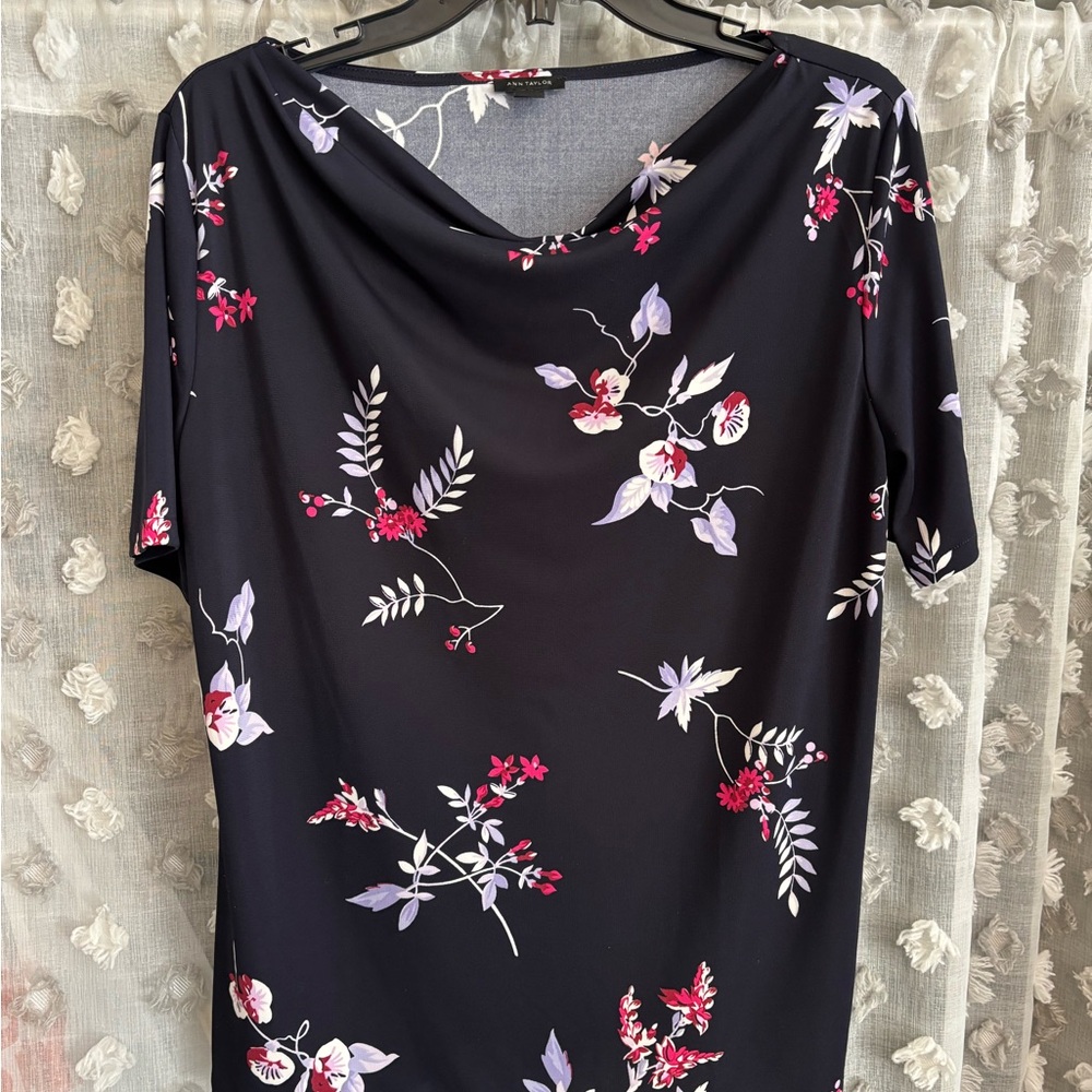 Ann Taylor Navy Blouse with Pink & Lavender Floral Print